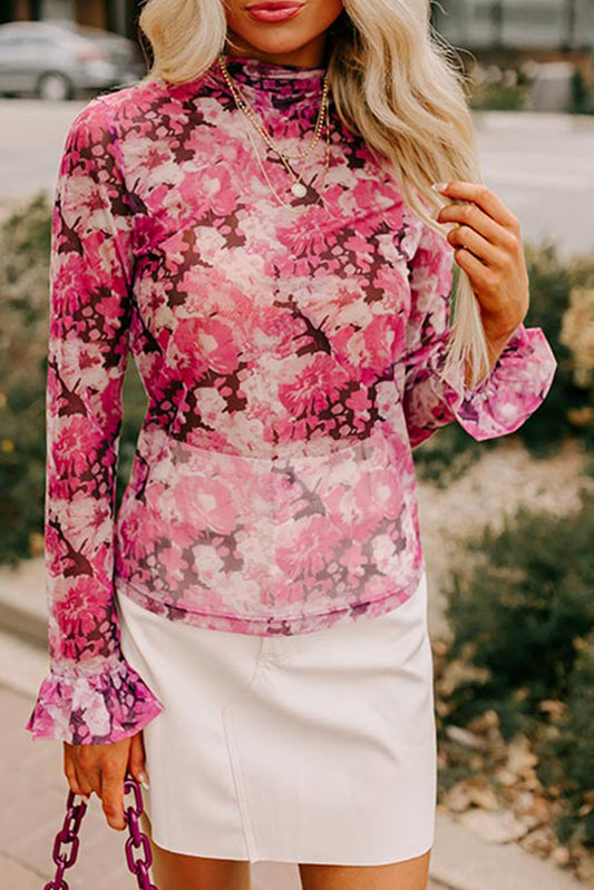 Rose Allover Floral Print Mesh Top - The Fair Lady Shop