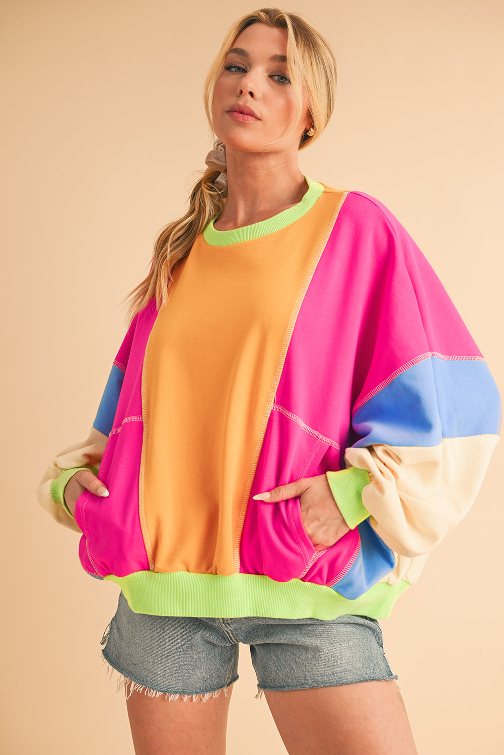 Grapefruit Orange Colorblock Patchwork Drop Shoulder Top - The Fair Lady Shop