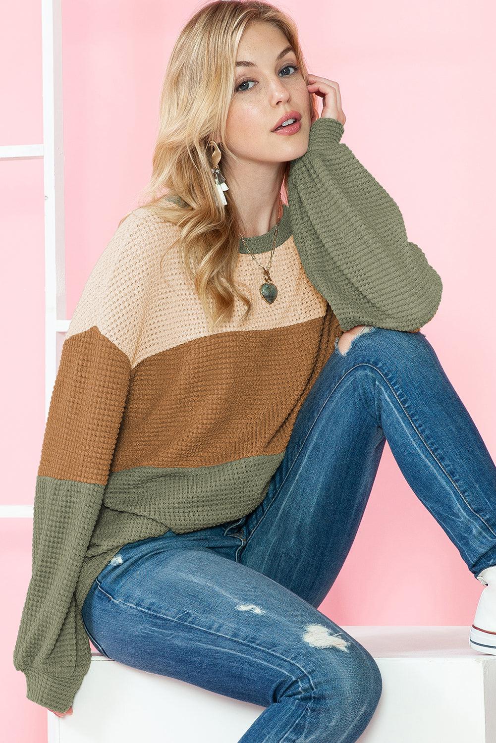 Green Waffle Knit Color Block Drop Sleeve Loose Top - The Fair Lady Shop