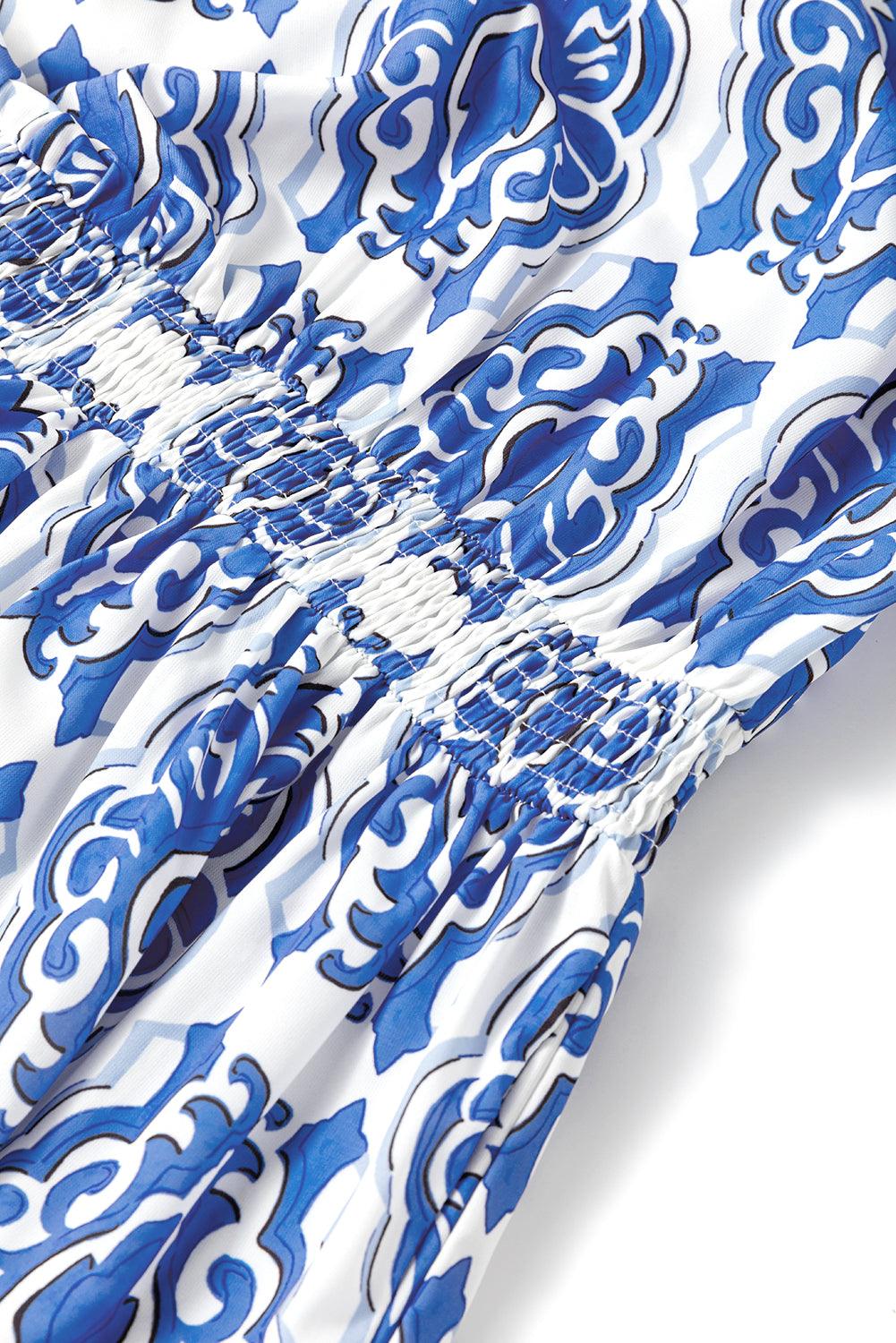Ashleigh Blue Abstract Print Smocked Waist Tiered Mini Dress - The Fair Lady Shop