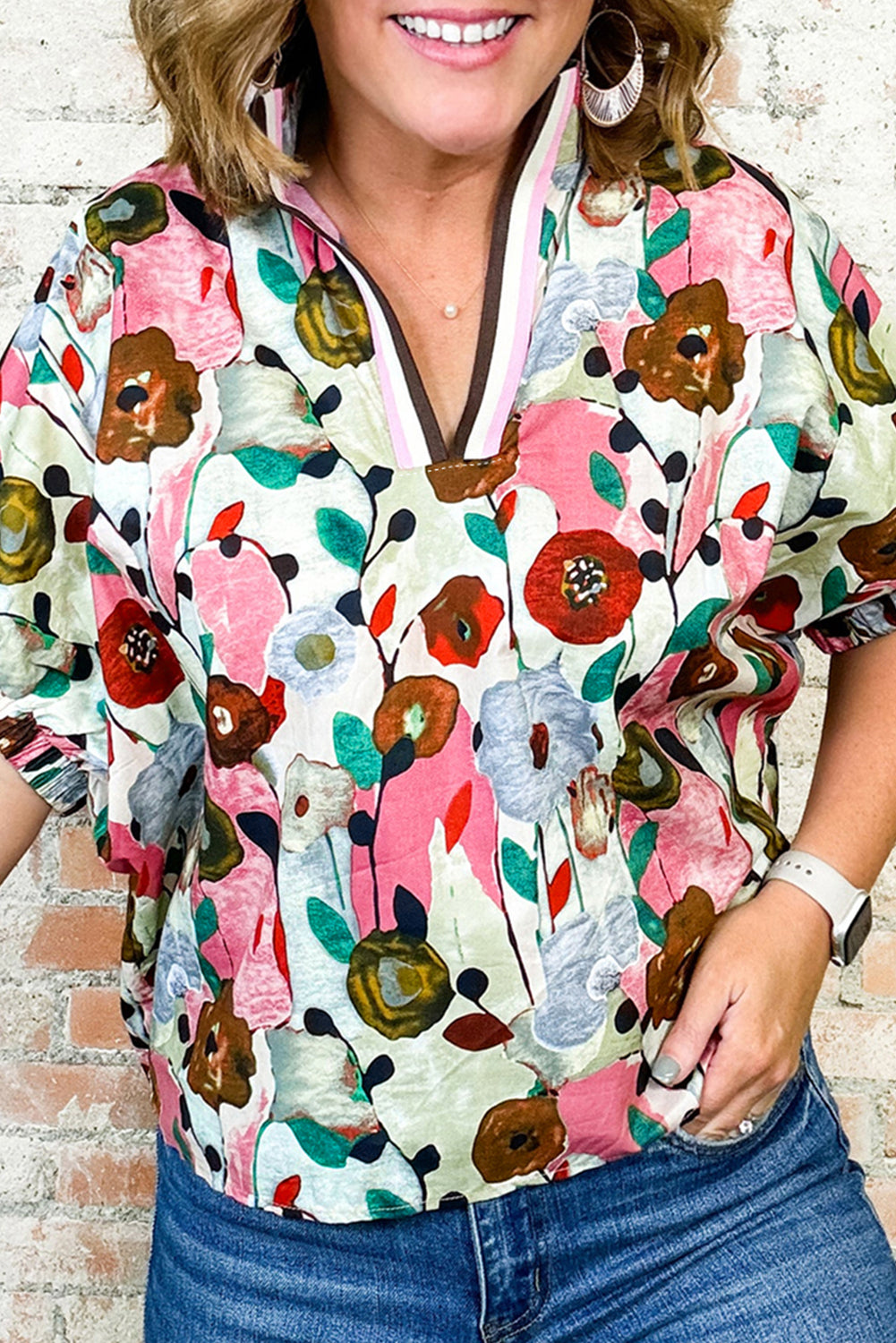 Pink V-Neck Floral Print Boho Blouse - The Fair Lady Shop
