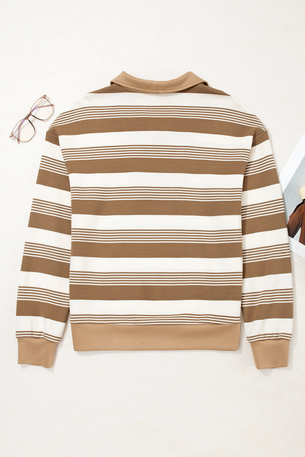 Khaki Striped Pullover Sweatshirt - Cozy Zipper Collar Design