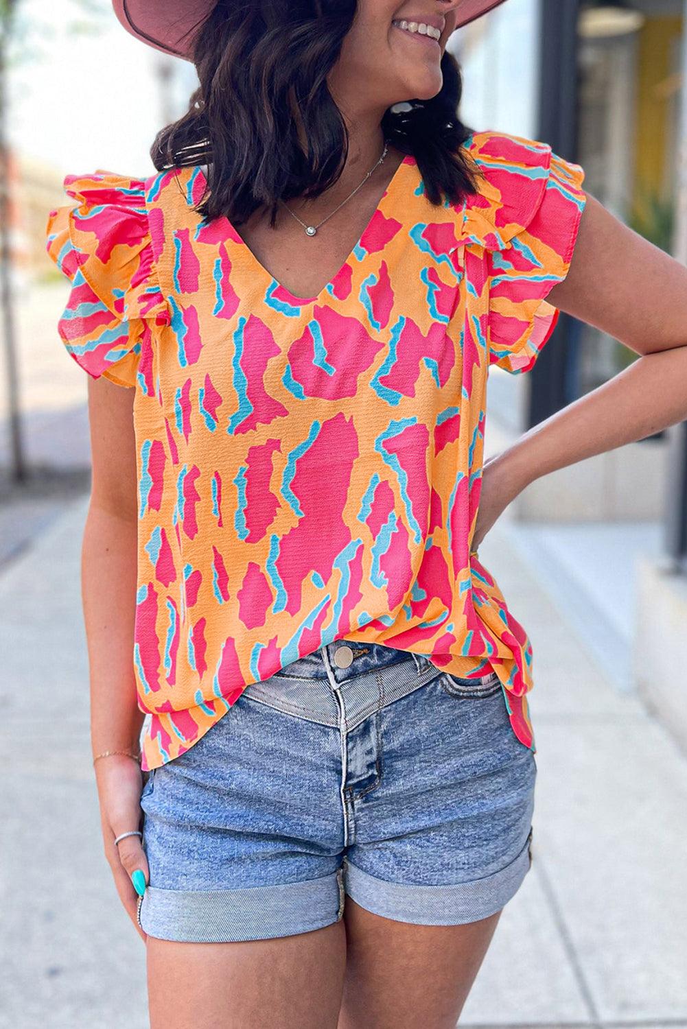 Orange Abstract Print V Neck Ruffled Sleeve Blouse - The Fair Lady Shop