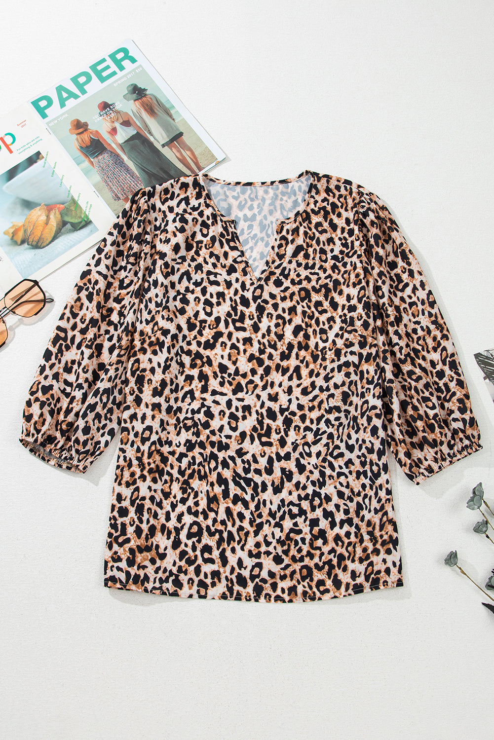 Apricot Leopard V Neck Half Sleeve Blouse - The Fair Lady Shop