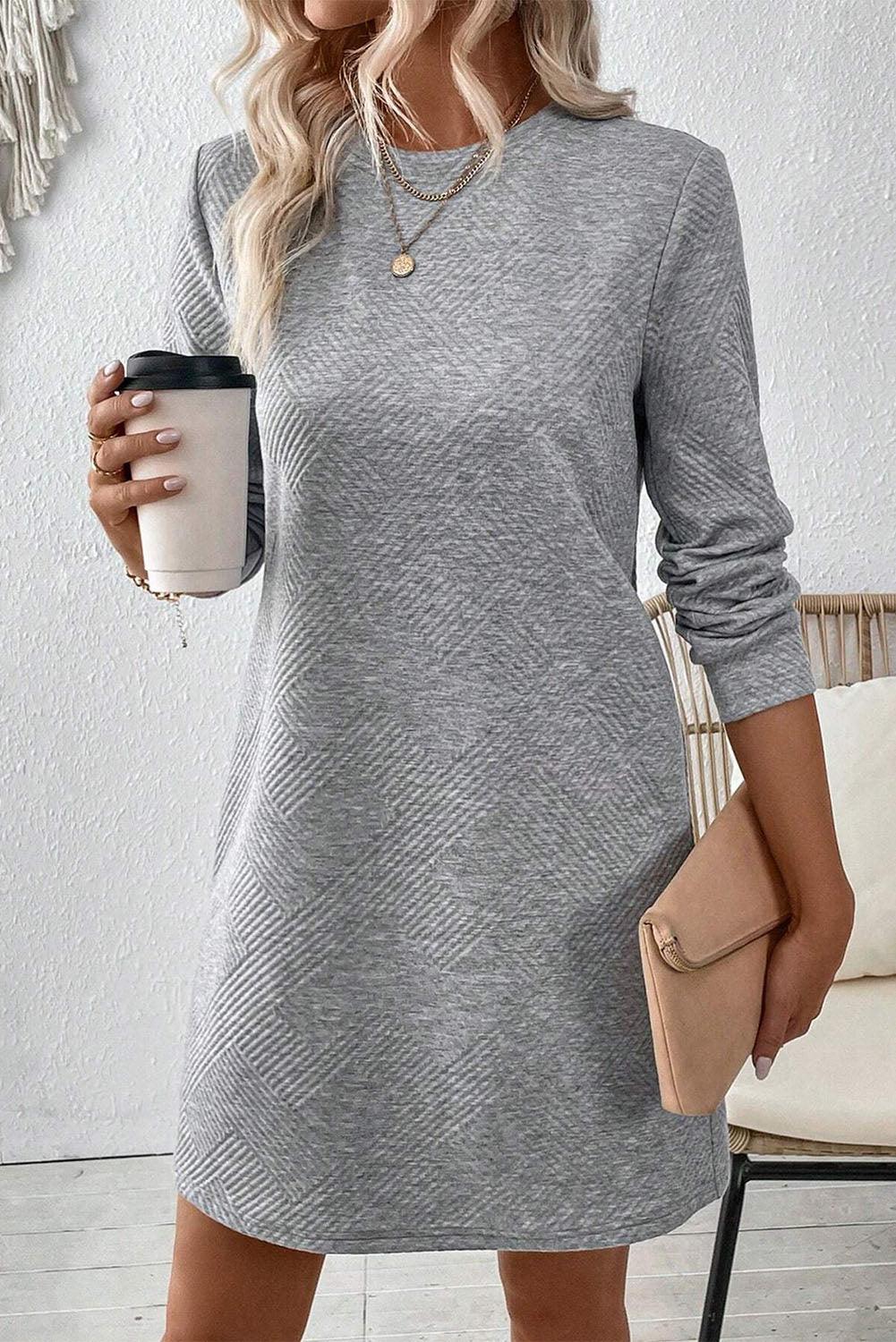 Gray Solid Color Textured Long Sleeve Shift Short Dress - The Fair Lady Shop