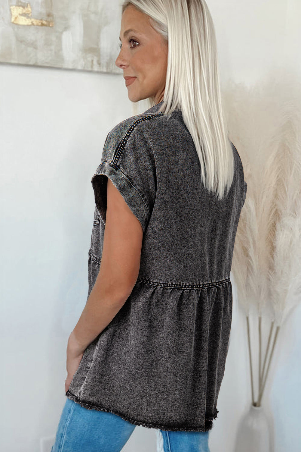 Black Flap Pocket Button Up Raw Hem Short Sleeve Denim Shirt