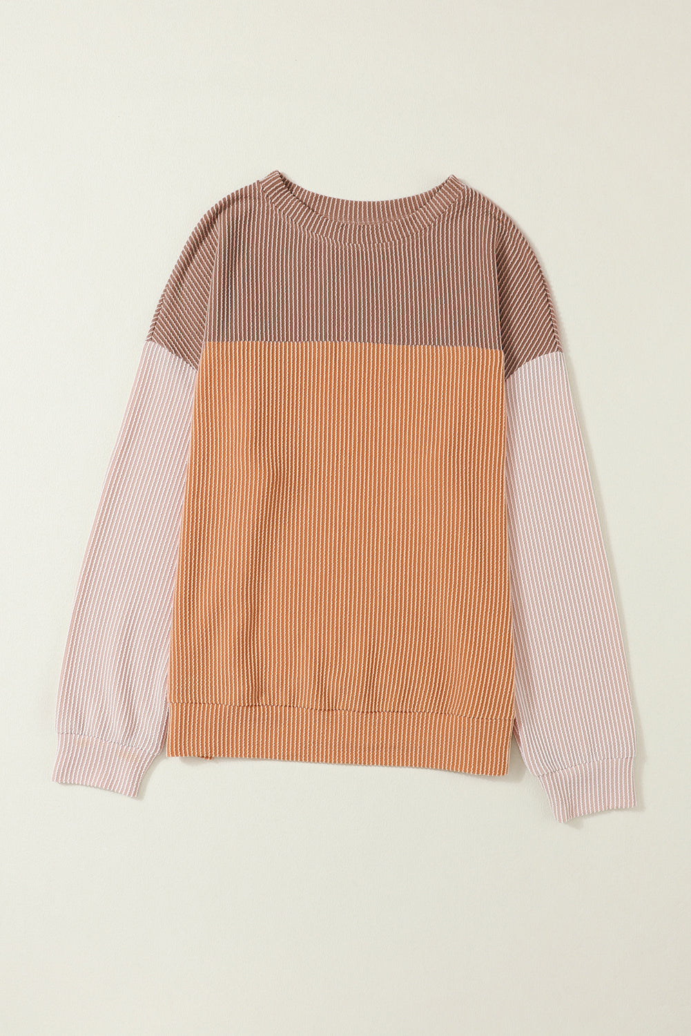Khaki Color Block Ribbed Loose Long Sleeve Top - The Fair Lady Shop