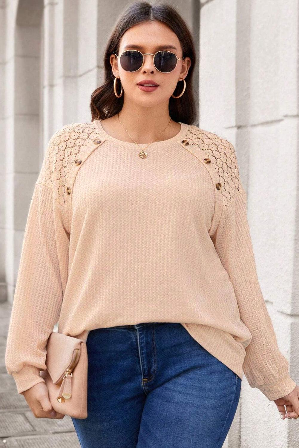 Beige Plus Size Lace Patchwork Buttons Waffle Knit Top - The Fair Lady Shop