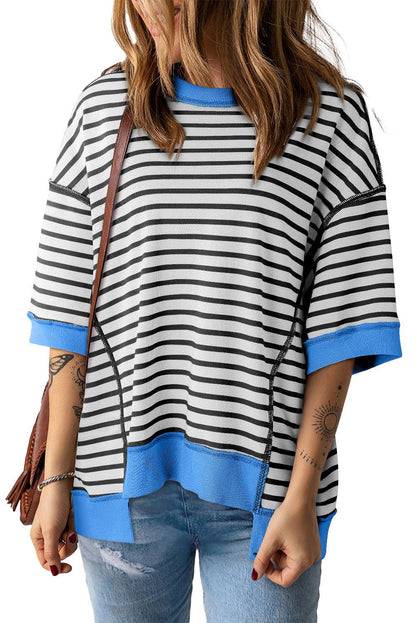 Pink Stripe Colorblock Drop Sleeve Oversized T Shirt - The Fair Lady Shop