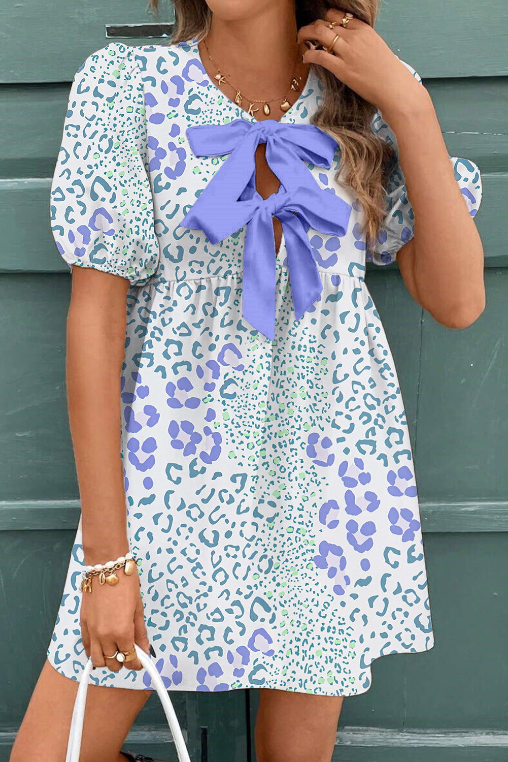 Sky Blue Leopard Bow Front Puff Sleeve Mini Dress - The Fair Lady Shop