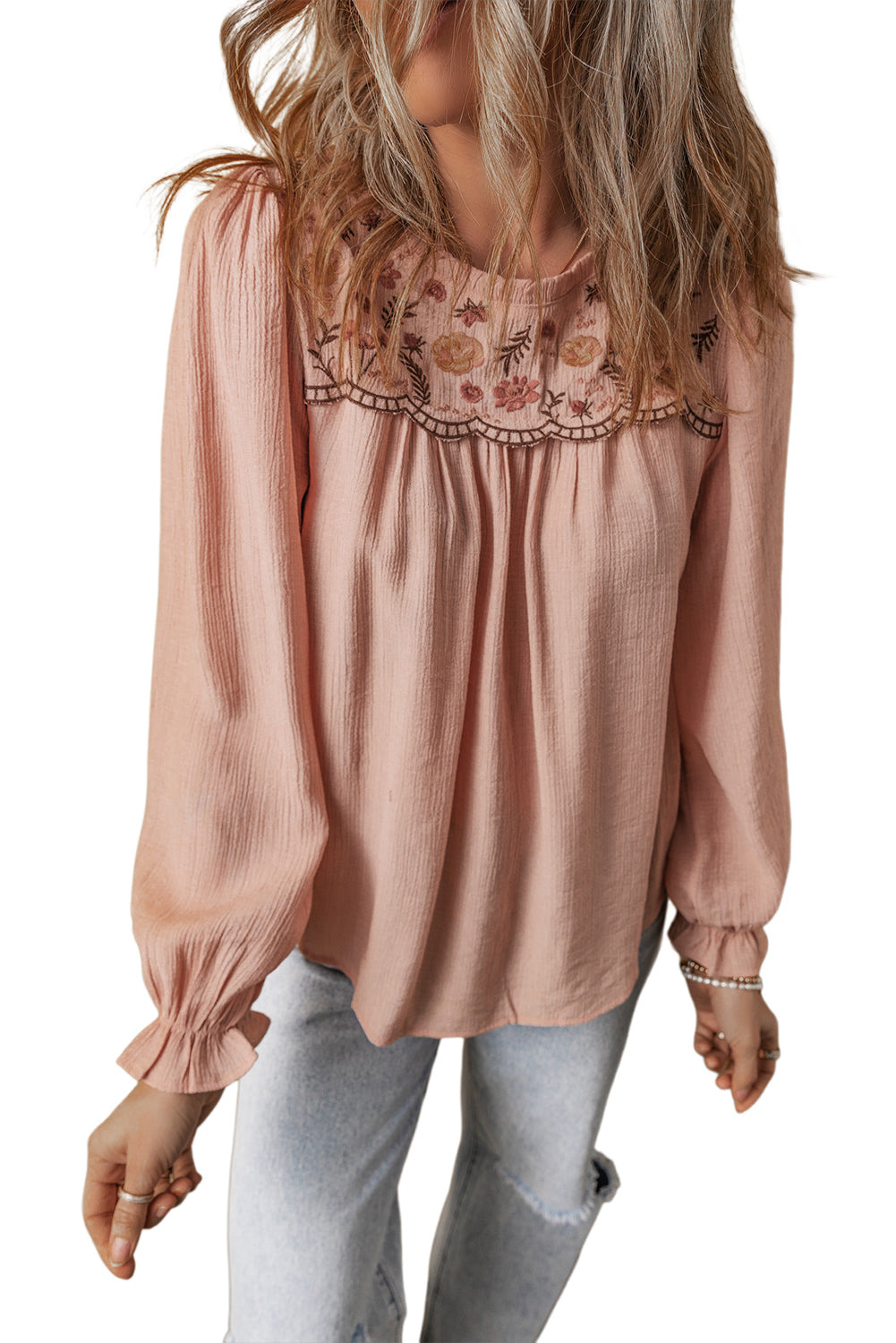 Gossamer Pink Floral Embroidered Crinkle Blouse - The Fair Lady Shop