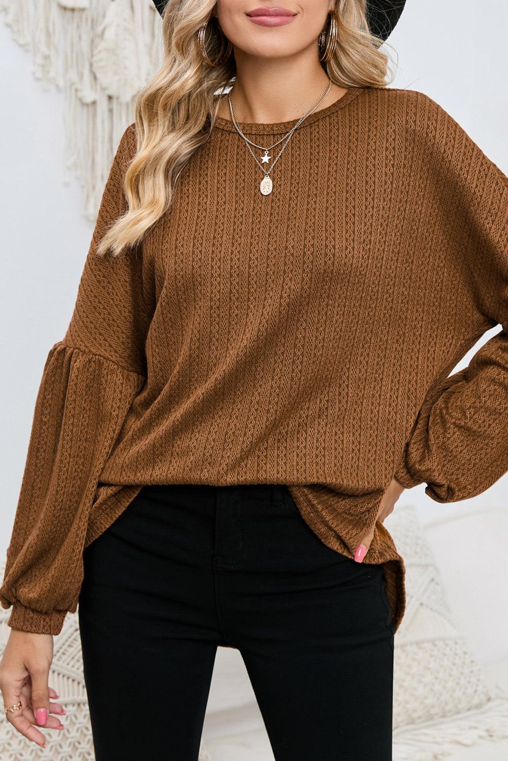 Ruby Solid Color Textured Lantern Sleeve Top - The Fair Lady Shop