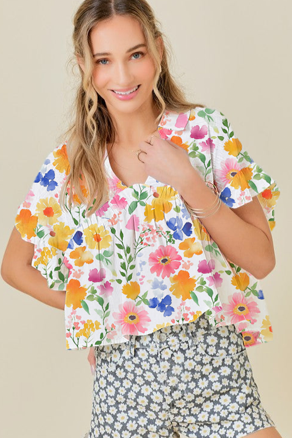 Yellow Allover Floral Print Boxy Fit V Neck Blouse - The Fair Lady Shop