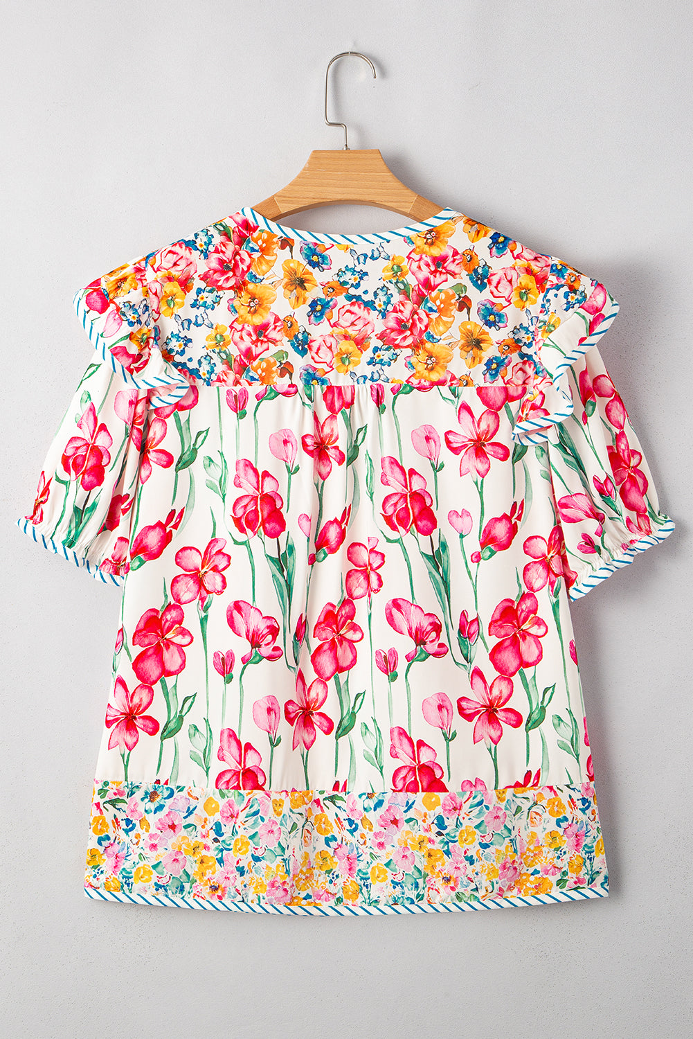 Pink Plus Size Floral Print Striped Trim V Neck Blouse - The Fair Lady Shop