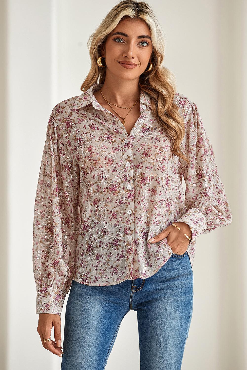 Pink Ditsy Floral Print Bishop Sleeve Collared V Neck Shirt - The Fair Lady Shop