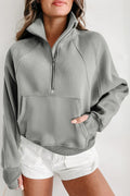 Gray Zip Up Stand Collar Ribbed Thumbhole Sleeve Sweatshirt - The Fair Lady Shop