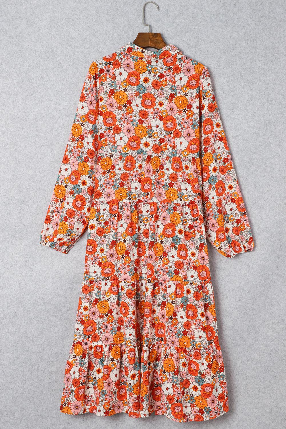 Multicolor Boho Floral Collared Long Sleeve Dress - The Fair Lady Shop