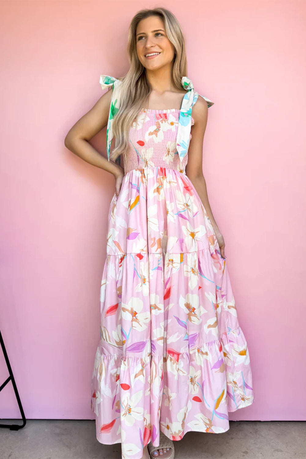 Pink Floral Print Knotted Shoulder Smocked Maxi Dress - The Fair Lady Shop