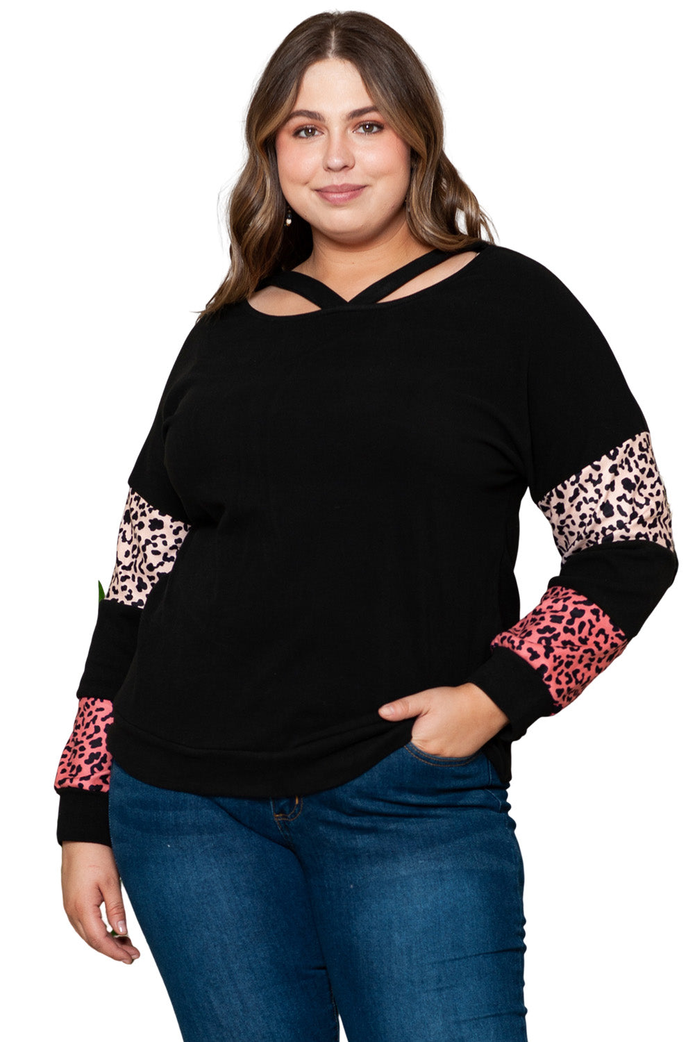 Black Plus Size Leopard Patchwork Strappy Neck Top - The Fair Lady Shop