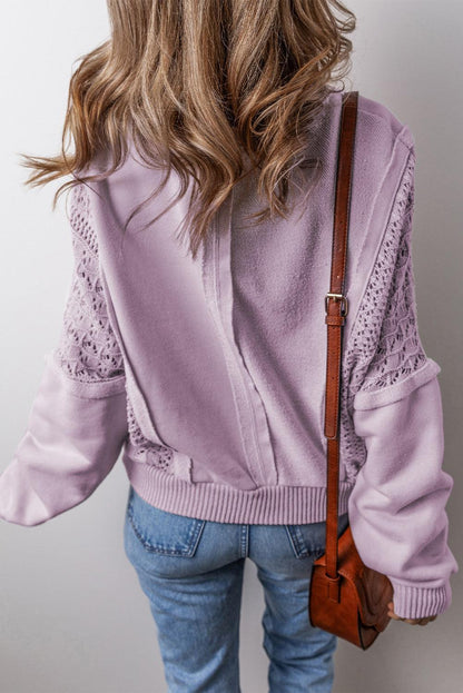 Orchid Petal Crochet Patchwork Exposed Seam Ribbed Trim Sweatshirt - The Fair Lady Shop