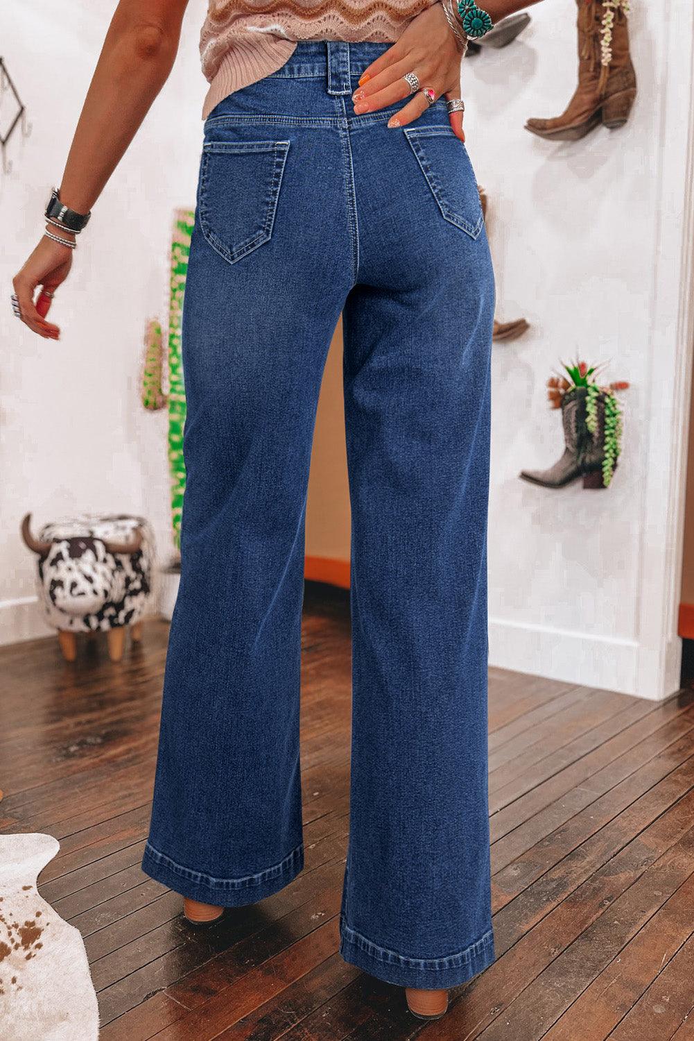 Sail Blue Wide Leg Pocketed High Waist Jeans - The Fair Lady Shop