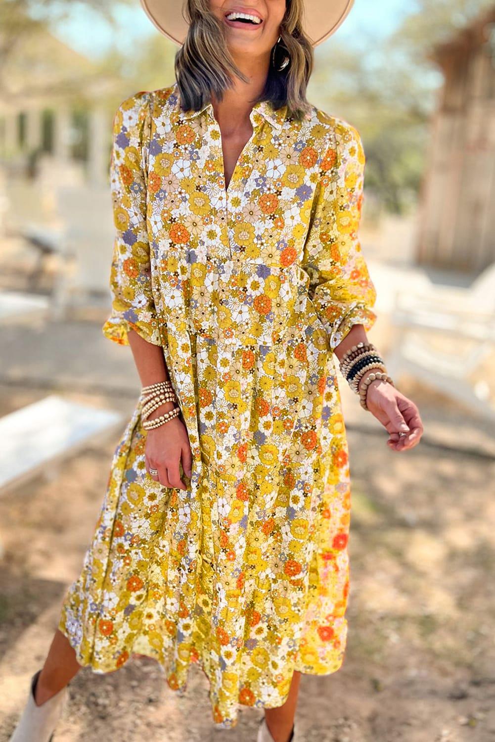 Multicolor Boho Floral Collared Long Sleeve Dress - The Fair Lady Shop