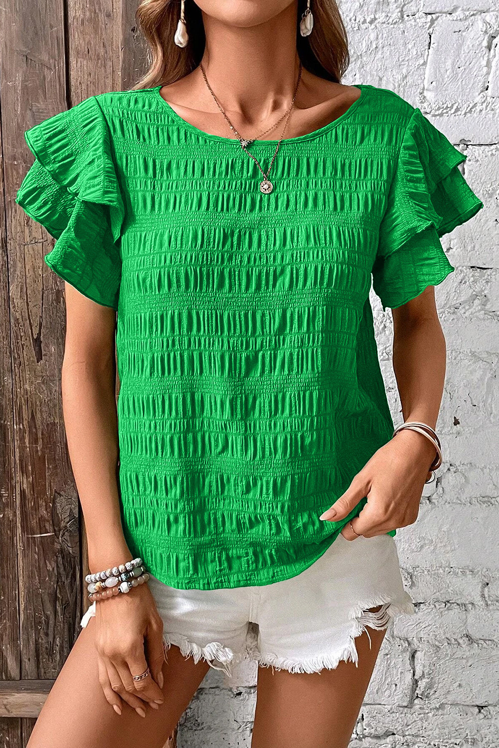 Dark Green Ruffle Sleeve Textured Smocked Blouse - The Fair Lady Shop
