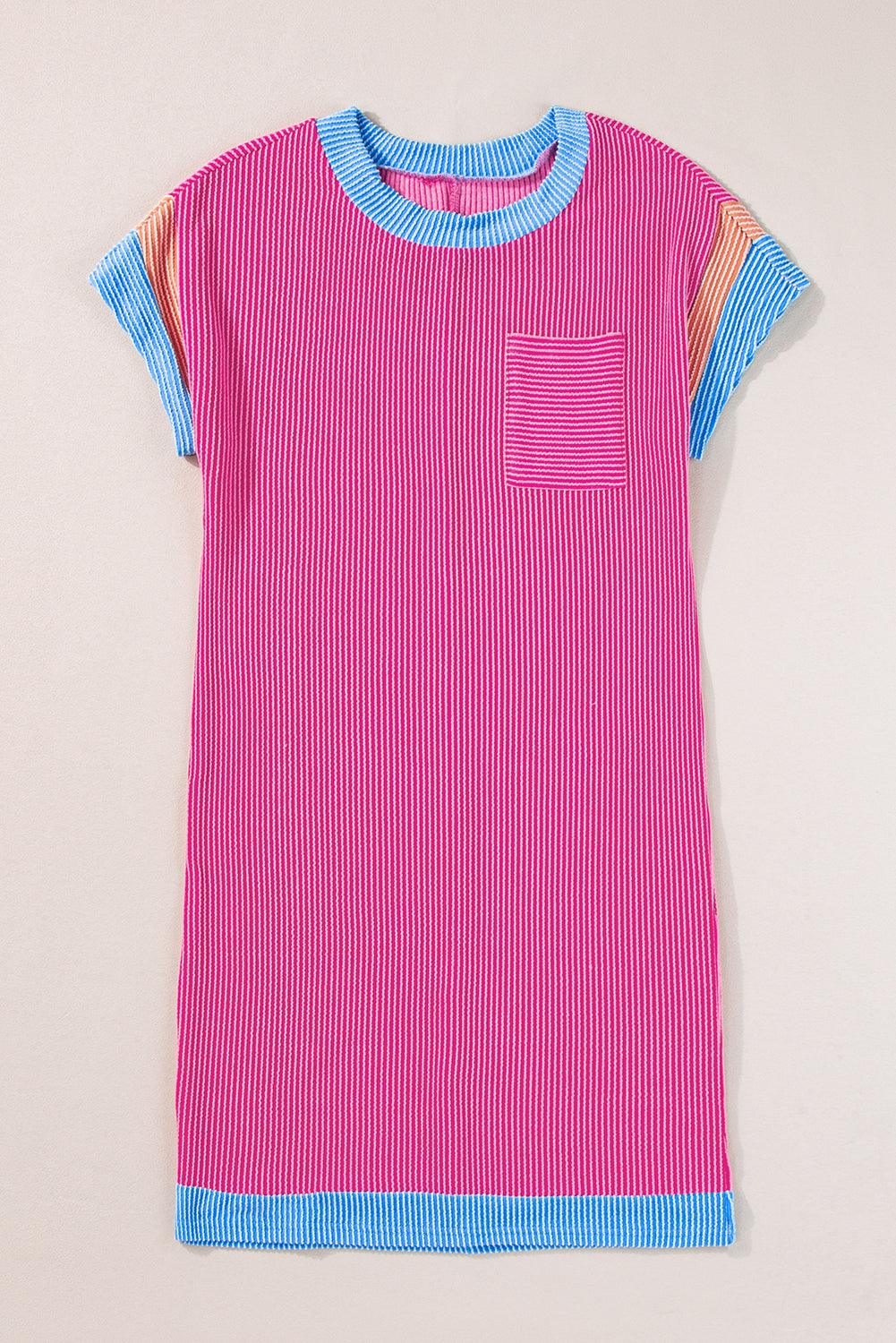 Light French Beige Rib Textured Colorblock Pocket T Shirt Dress - The Fair Lady Shop
