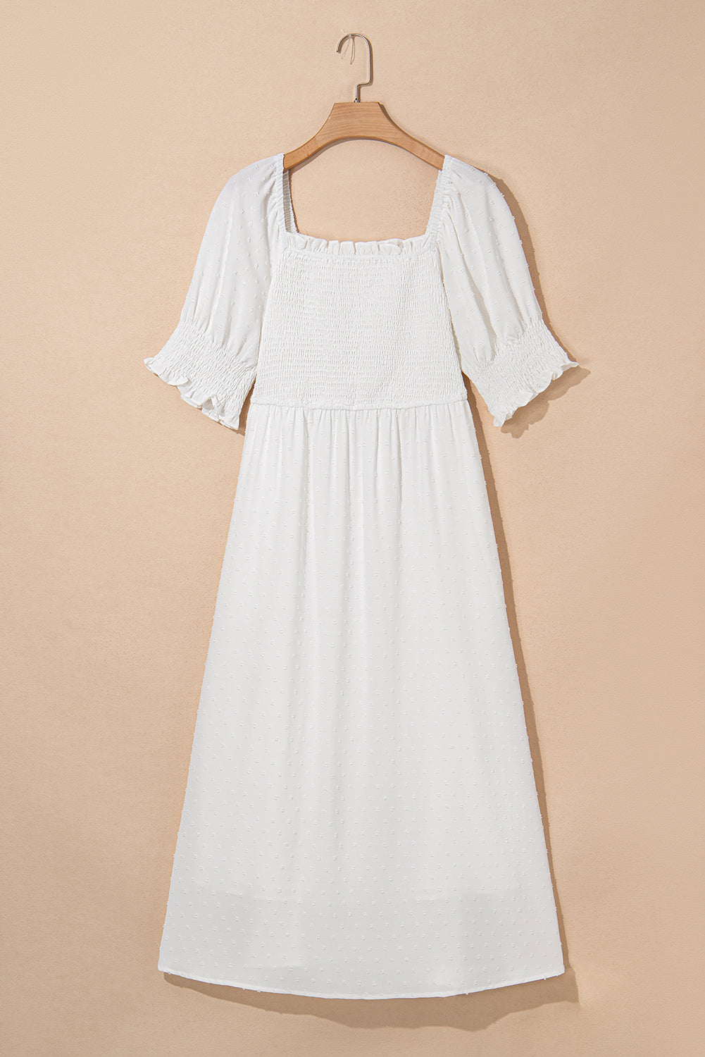 White Swiss Dot Smocked Frill Square Neck Plus Size Dress - The Fair Lady Shop