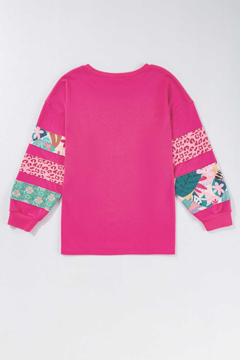 Rose Red Leopard Patchwork Sleeve Split Plus Sweatshirt - The Fair Lady Shop