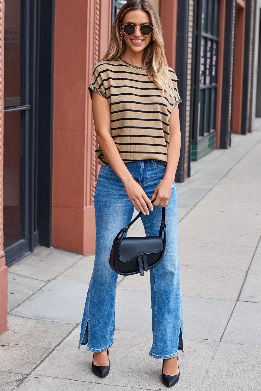 Khaki Stripe Knitted Dolman T Shirt - The Fair Lady Shop
