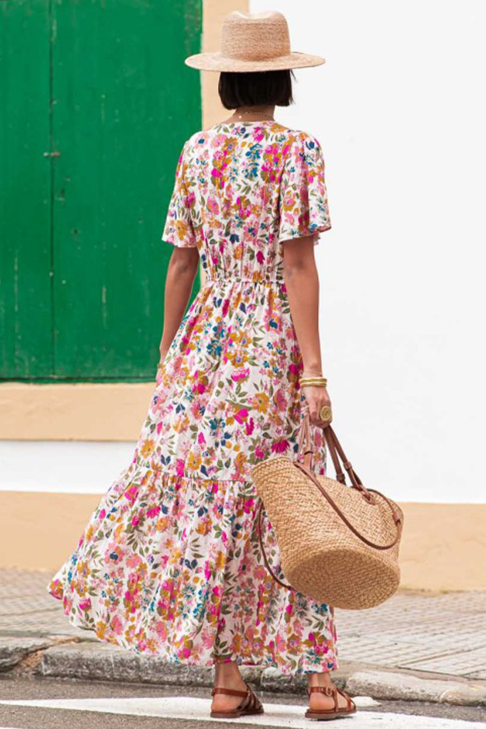 Red Floral Short Sleeve V Neck High Waist Maxi Dress - The Fair Lady Shop