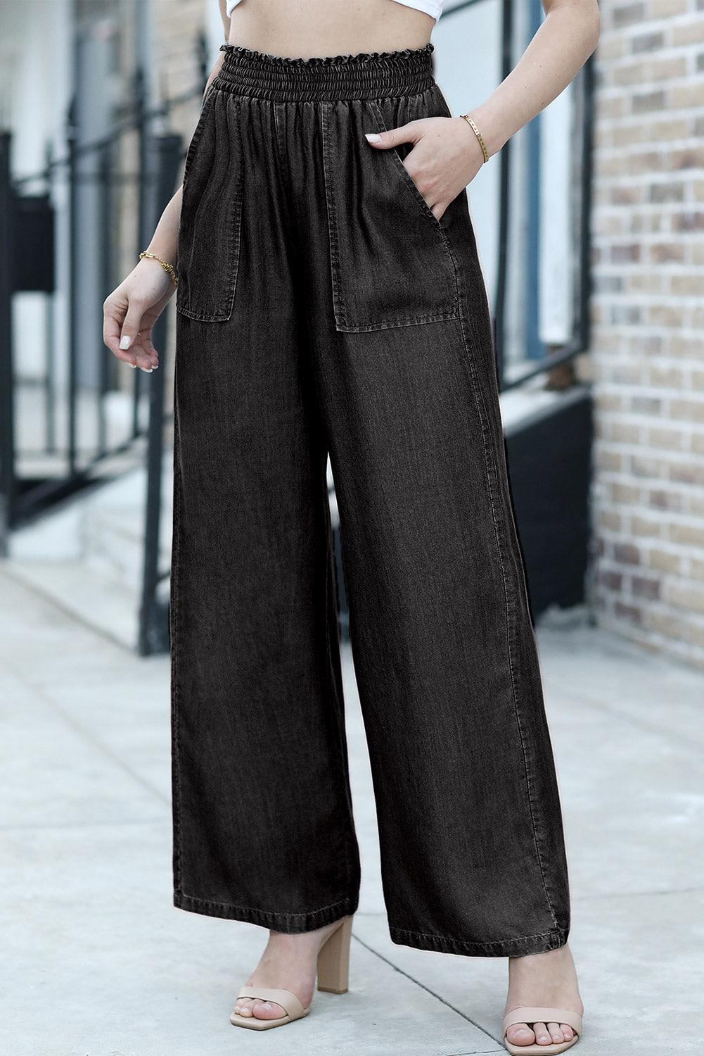 Black Side Pockets Frilled Smocked High Waist Wide Leg Jeans - The Fair Lady Shop