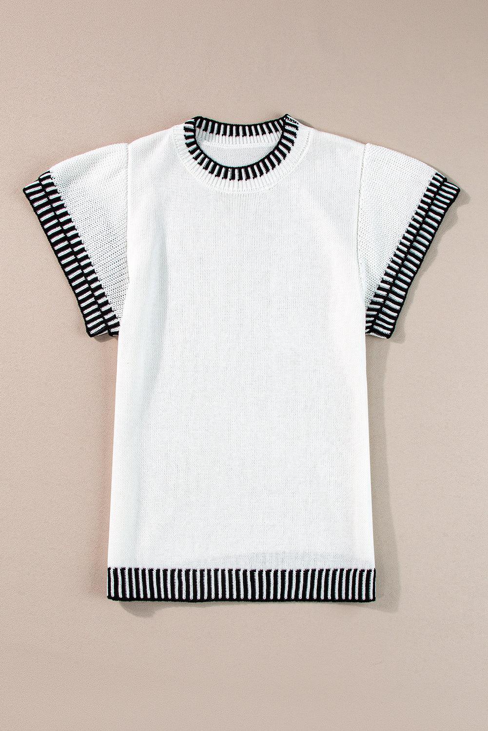 Beige Contrast Trim Round Neck Batwing Sleeve Knitted T Shirt - The Fair Lady Shop