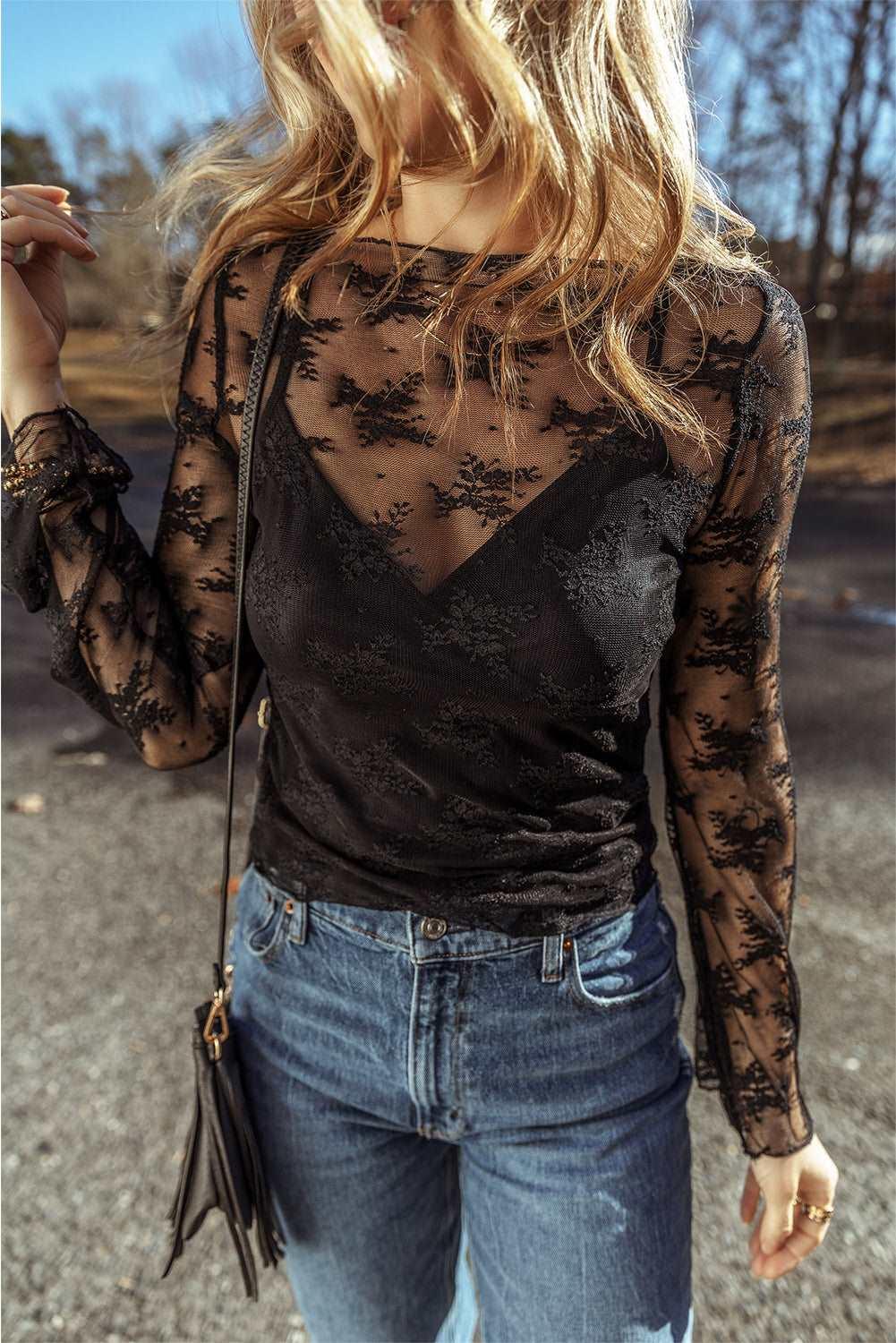 Apricot Mesh Crochet Patchwork Slim Fit Long Sleeve Blouse - The Fair Lady Shop