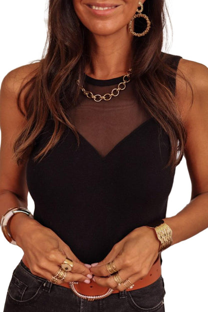 Black Mesh Patchwork Sleeveless Round Neck Bodysuit - The Fair Lady Shop