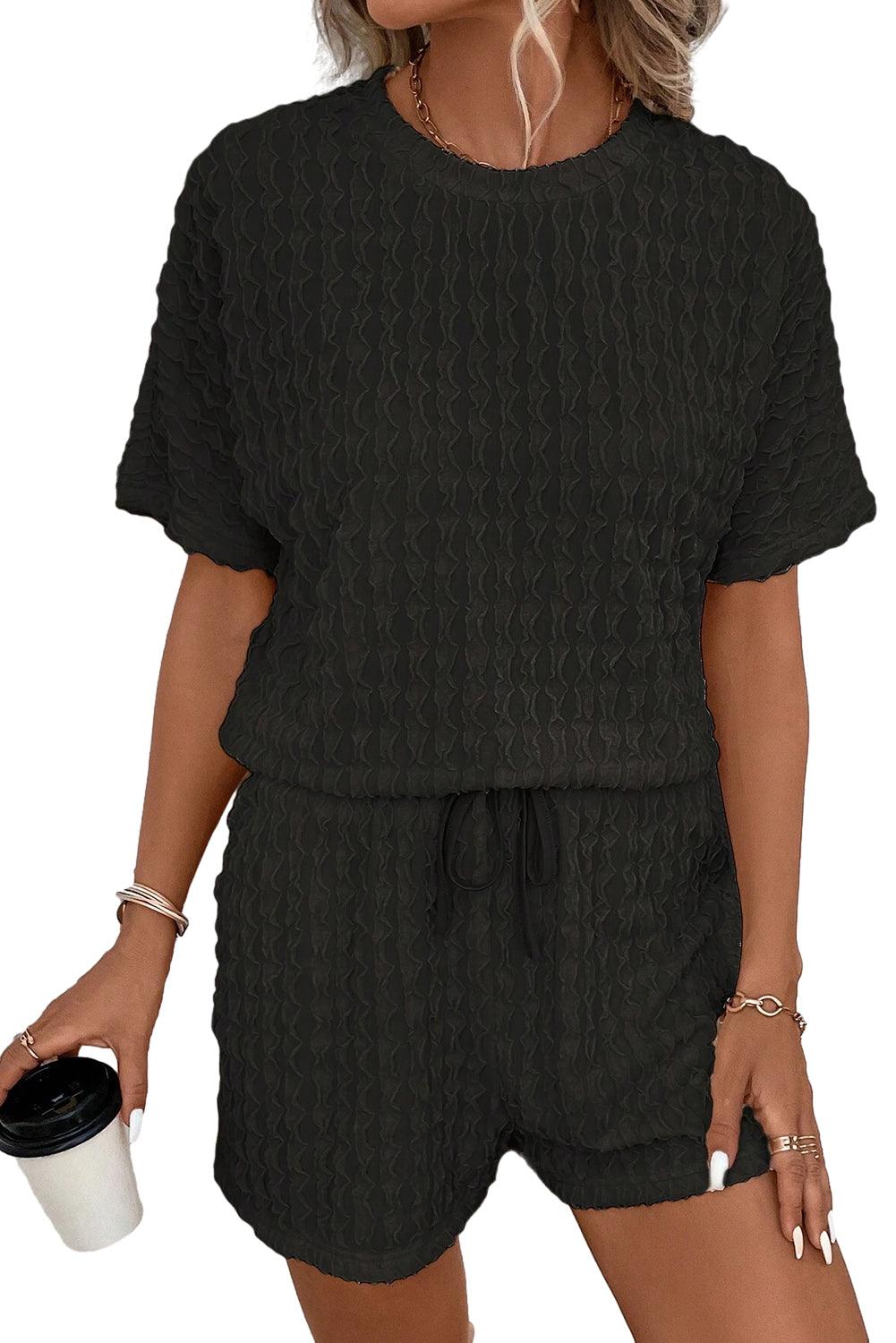 Beige Frill Textured Tee and Drawstring Shorts Set - The Fair Lady Shop
