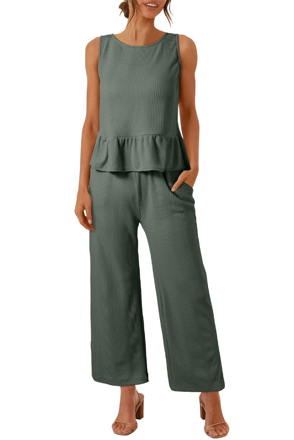 Duffel Green Solid Color Ribbed Ruffle Tank Top and Pants Set - The Fair Lady Shop