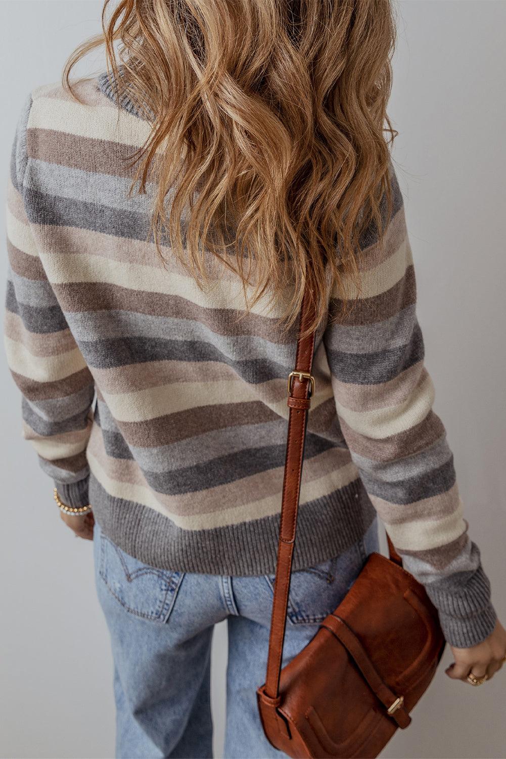 Gray Striped Ribbed Edge Round Neck Sweater - The Fair Lady Shop