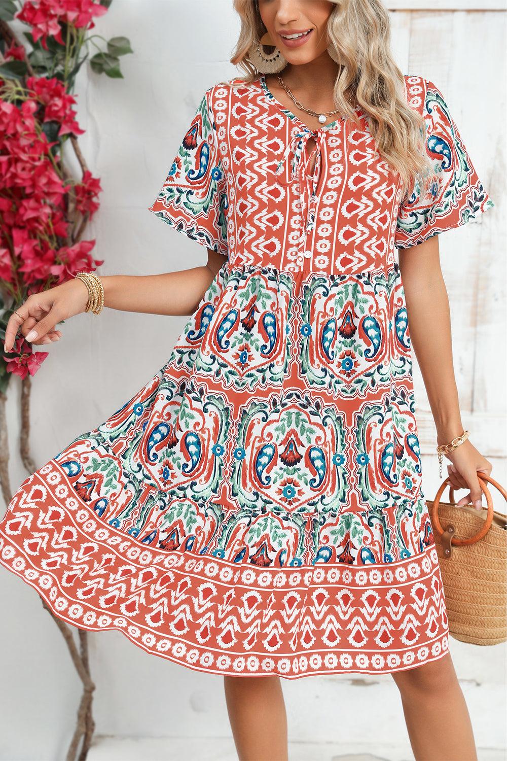 Orange Bohemian Tie Neck Flounce Sleeve Ruffle Hem Mini Dress - The Fair Lady Shop