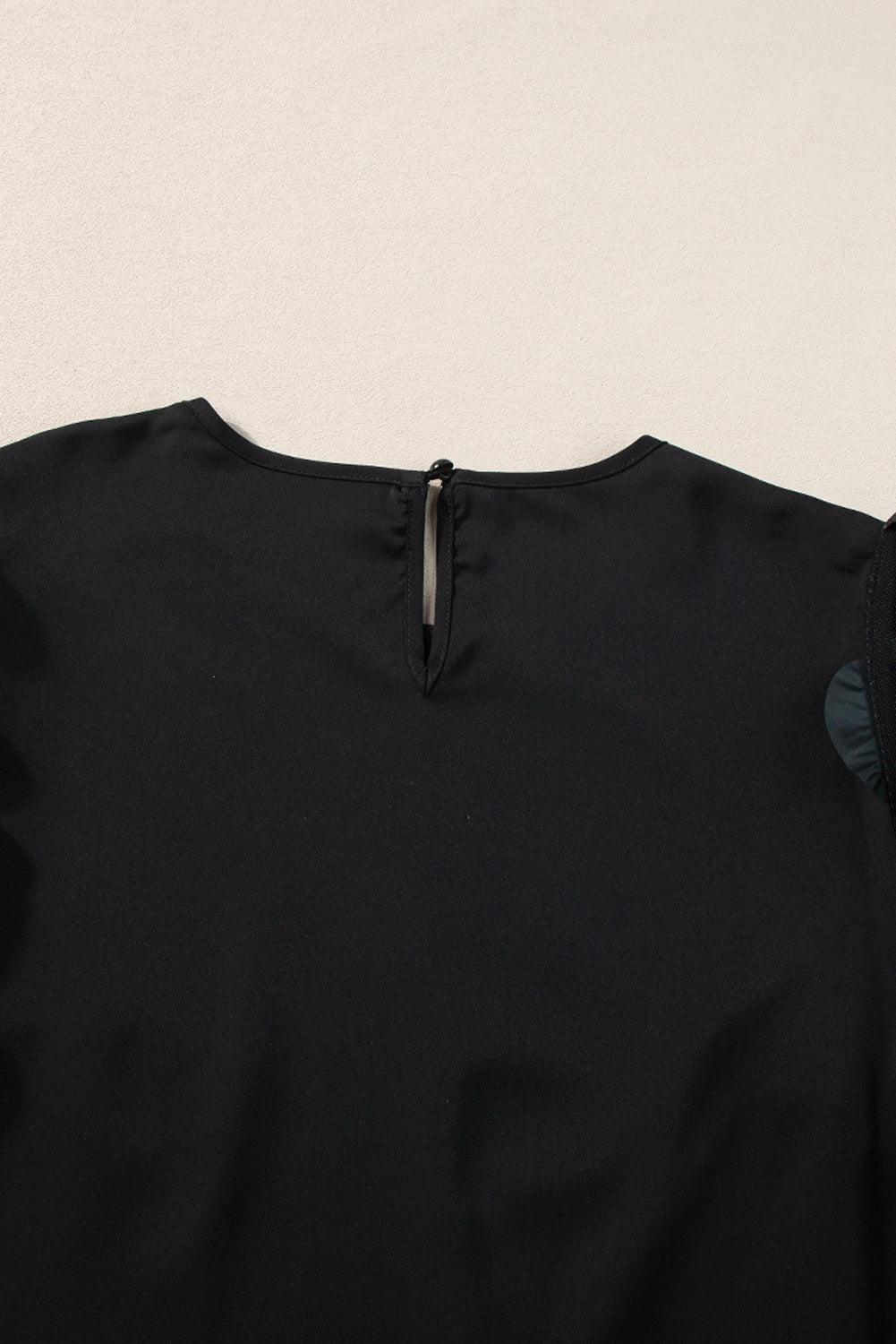 Black Applique Mesh Keyhole Back Splicing Sleeve Blouse - The Fair Lady Shop