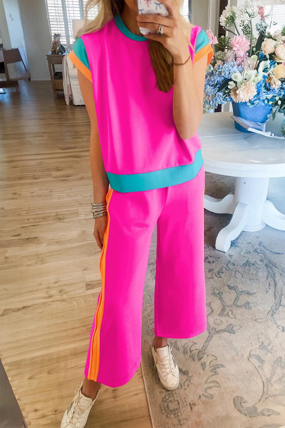 Chestnut Colorblock Cap Sleeve Tee and Wide Leg Pants Set - The Fair Lady Shop