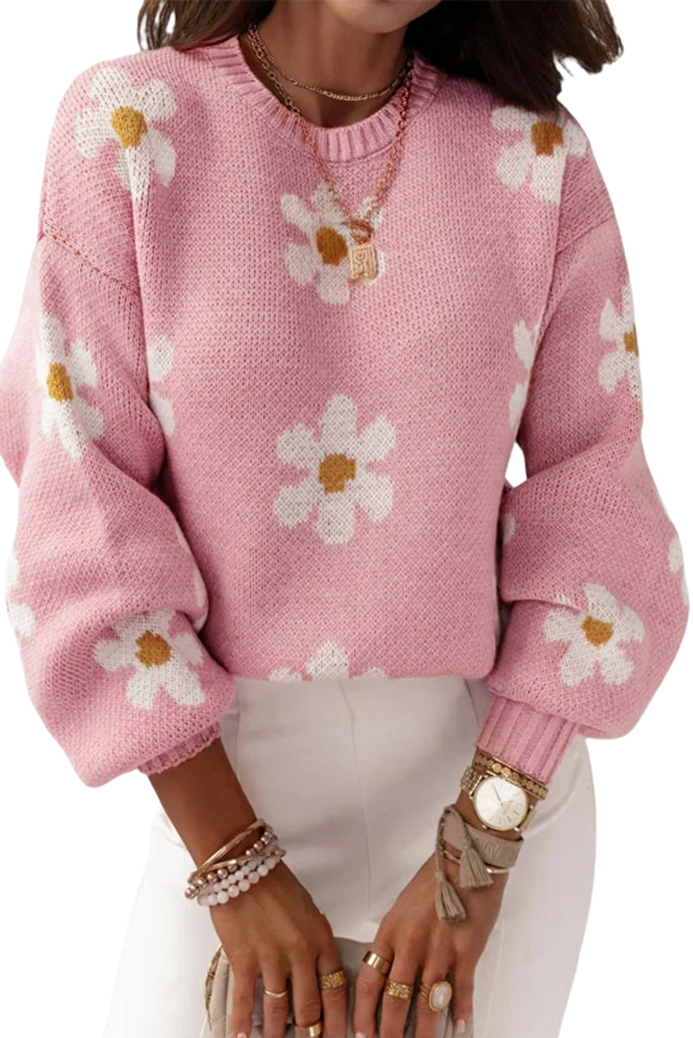 Pink 60s Floral Pattern Drop Shoulder Pullover Knit Sweater - The Fair Lady Shop