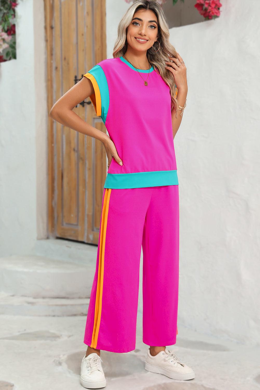 Chestnut Colorblock Cap Sleeve Tee and Wide Leg Pants Set - The Fair Lady Shop