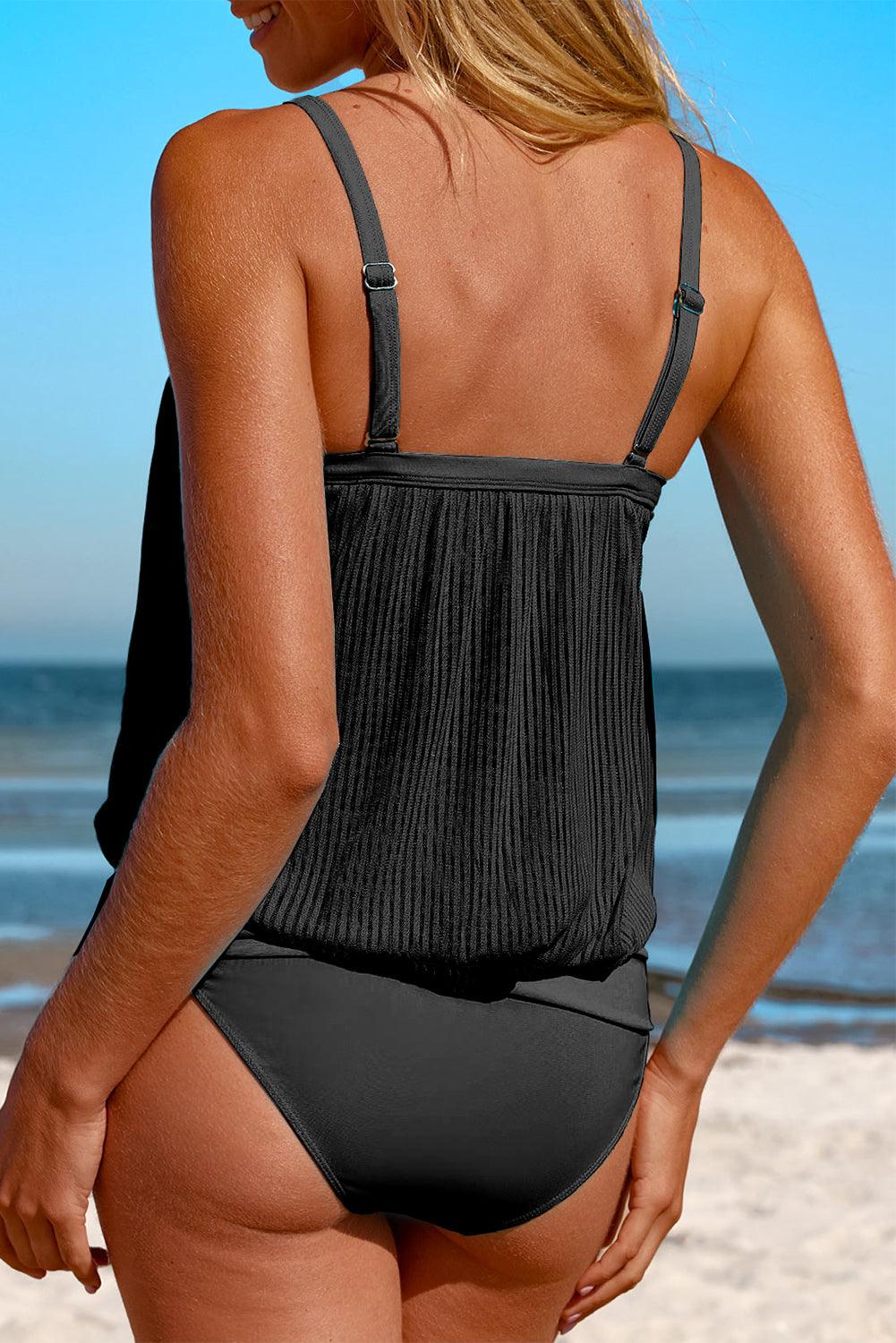 Black Striped Mesh Knotted Hem Tankini Swimsuit - The Fair Lady Shop