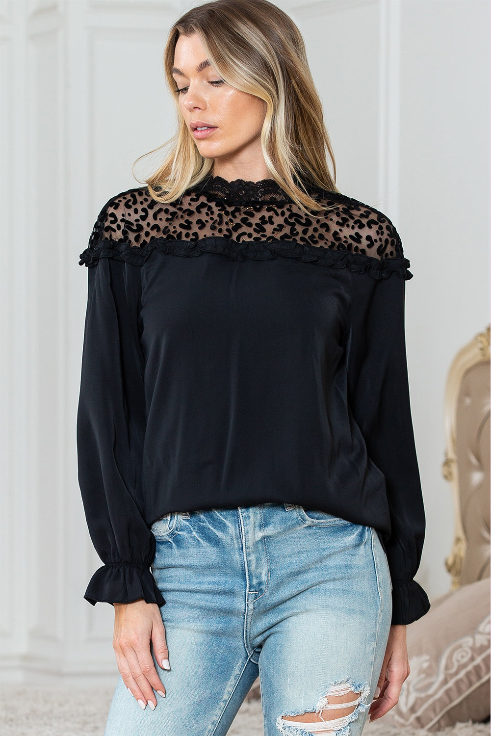 Black Leopard Sheer Splicing Lace Neck Ruffle Blouse - The Fair Lady Shop