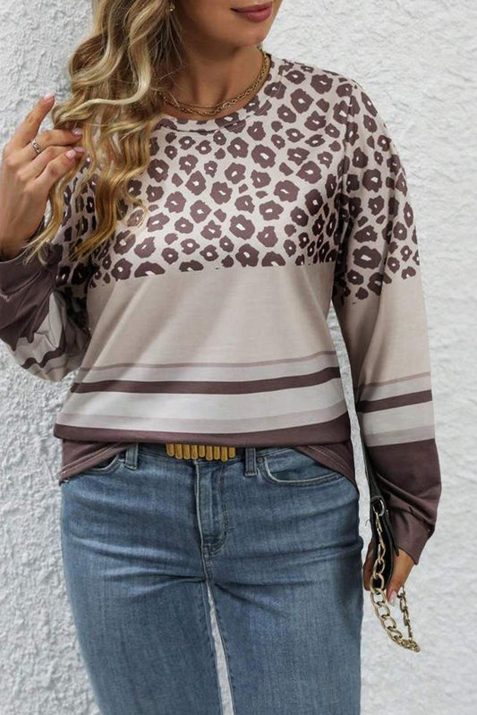 Coffee Plus Size Leopard Color Block Long Sleeve Top - The Fair Lady Shop