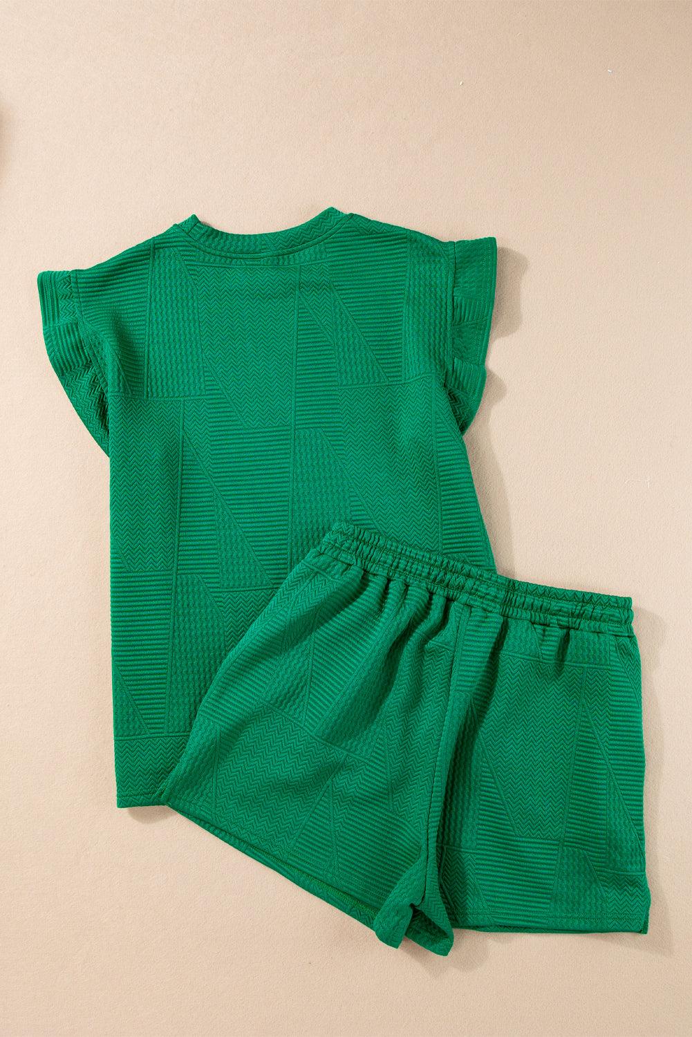 Dark Green Textured Ruffle Split Top and Drawstring Shorts Set - The Fair Lady Shop