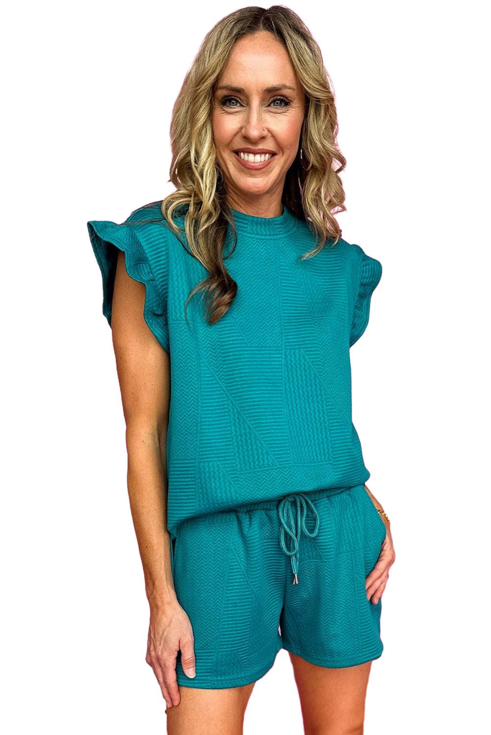 Dark Green Textured Ruffle Split Top and Drawstring Shorts Set - The Fair Lady Shop