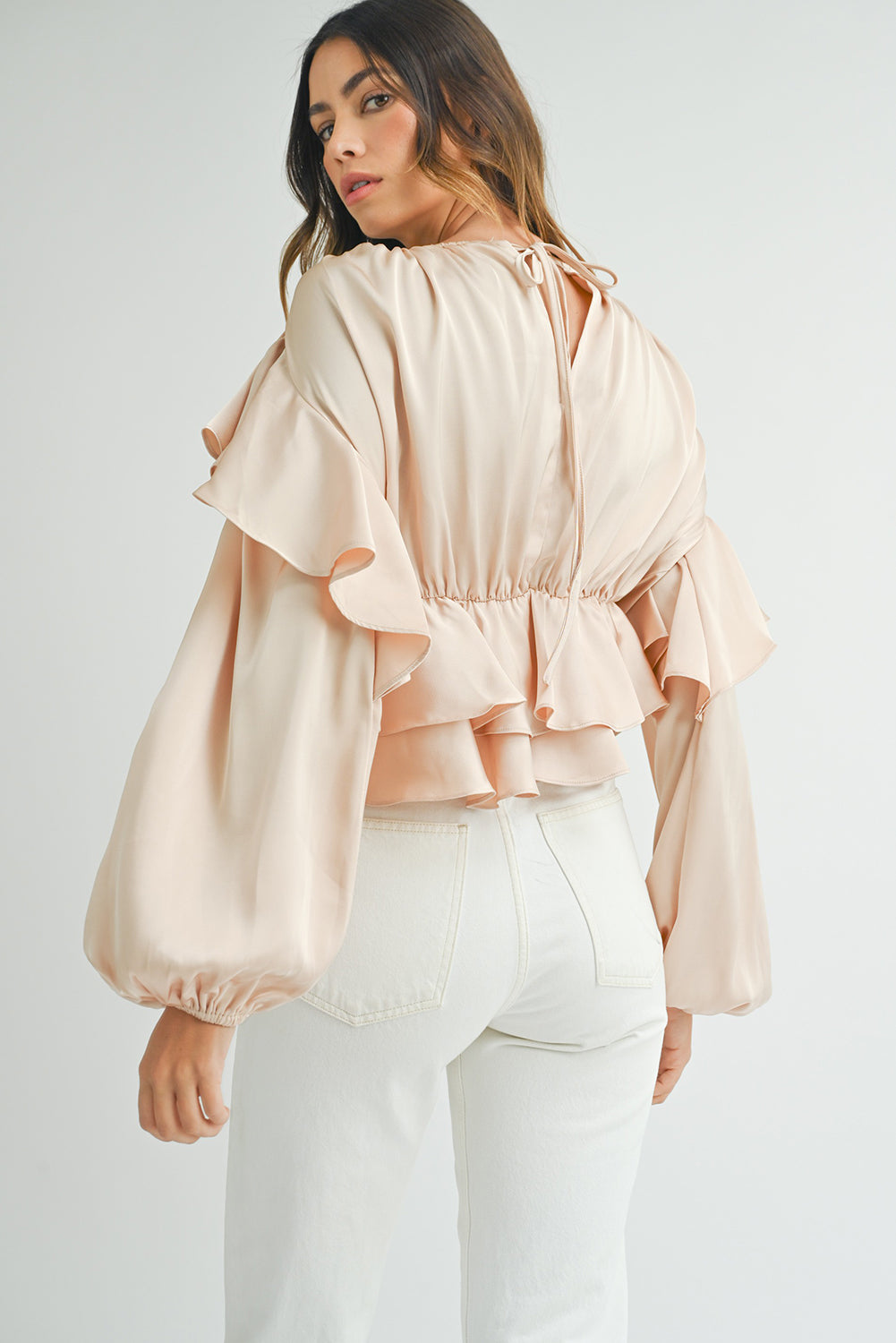 Oatmeal Elegant Satin Ruffle Long Sleeve Blouse - The Fair Lady Shop